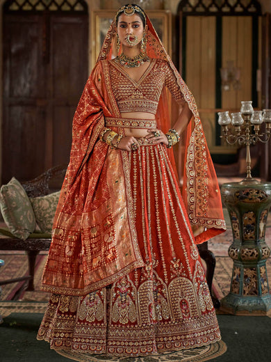 Good-looking Orange Pearl Work Silk Bridal Lehenga Choli With Double Dupatta